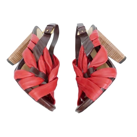 L.A.M.B. Tamika Red and Brown Strappy Leather Heels - Picture 10 of 11
